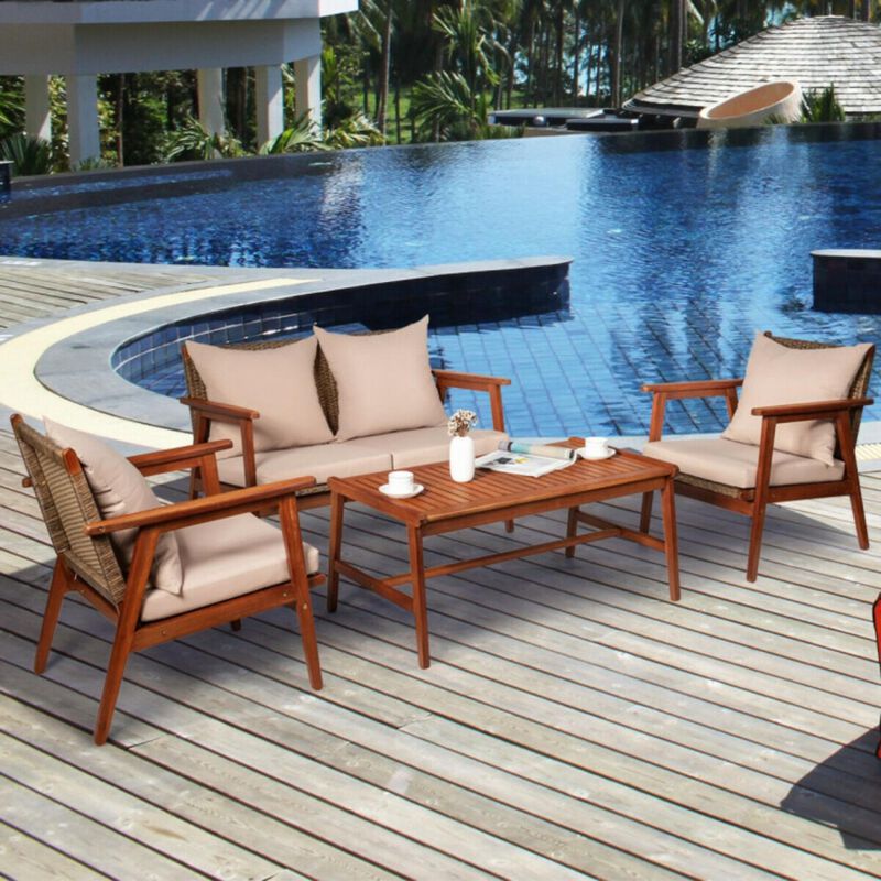 Hivvago 4 Pieces Acacia Wood Patio Rattan Furniture Set with Zippered Cushions
