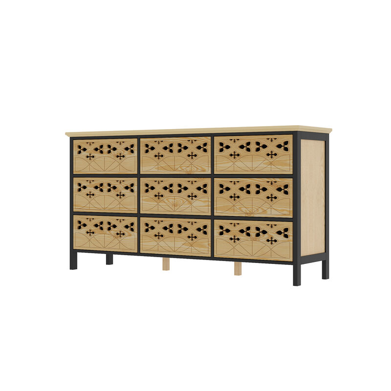 FUFU&GAGA 9-Drawer Tall Storage Cabinet , Modern Chest Organizer for Bedroom, Living Room, or Office (59.1 in. W x 15.7 in. D x 31.5 in. H),  Natural Wood Finish and Black Accents