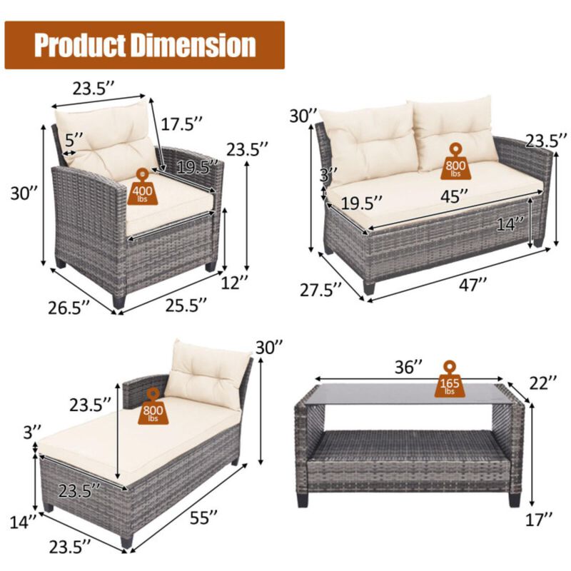 Hivvago 4 Pieces Patio Rattan Sofa Furniture Set with Cushion and 2-Tier Coffee Table