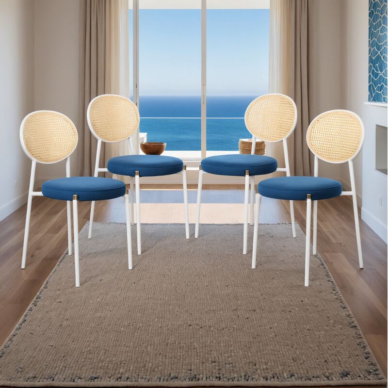 LeisureMod Velvet/Leather Dining Chair Rattan Back Side Chair Comfortable Kitchen Chair with Stainless Steel Base Euston Collection, Set of 4