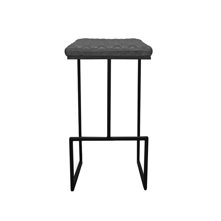27 Inch Bar Stool, Set of 2, Tufted Seat, Black Faux Leather Upholstery - Benzara