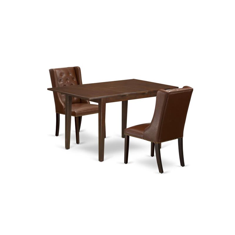East West Furniture NFFO3-MAH-46 3-Pc Dining Room Set Includes 1 Butterfly Leaf Dining Table and 2 Brown Linen Fabric Dining Chairs with Button Tufted Back - Mahogany Finish