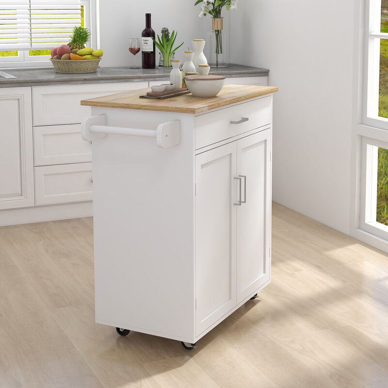 White Wood 32.68 in. Kitchen Island with Towel Rack and Adjustable Shelves
