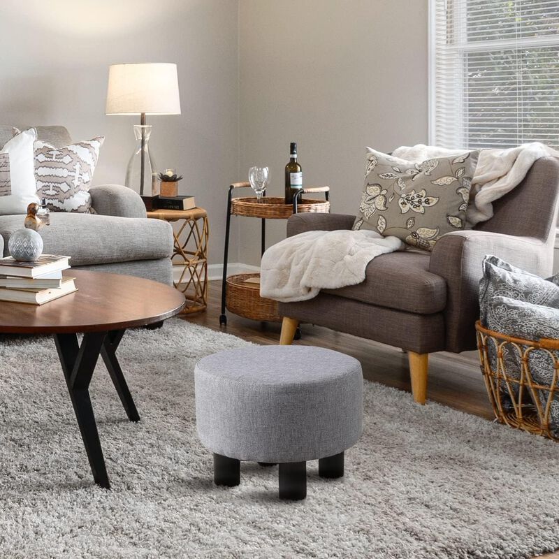 Round Linen Ottoman Footstool with Padded Seat and Non-Skid Pine Wood Legs image number 3