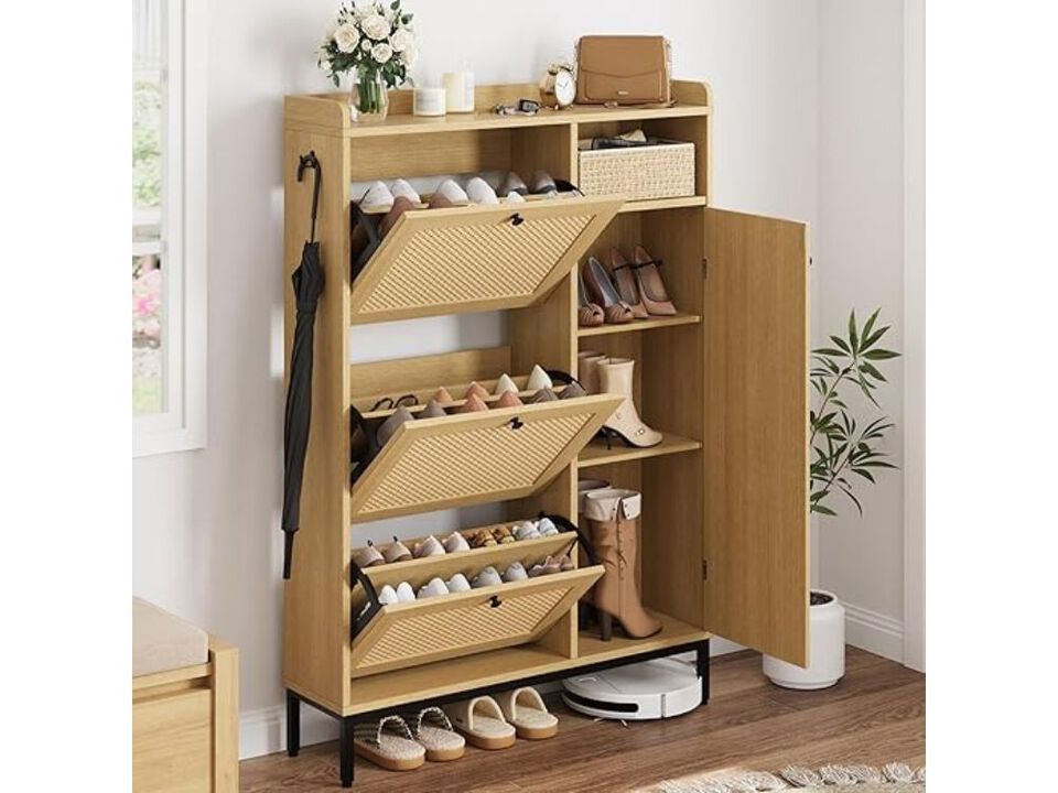 Entryway Wood Shoe Storage Cabinet 4 Tier Flip Drawer Adjustable Closet Oak