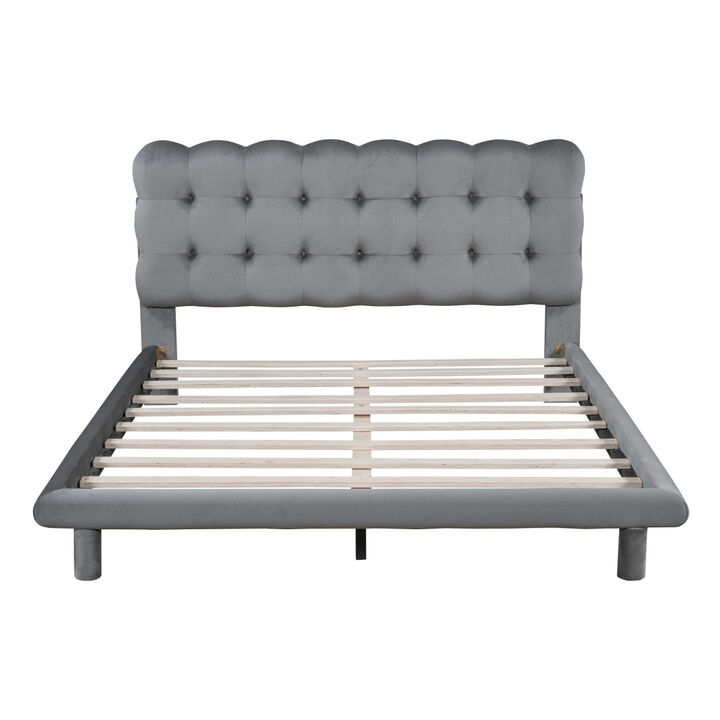 Queen Size Velvet Platform Bed with LED Frame, Thick Soft Fabric and Buttontufted Design Headboard, Gray