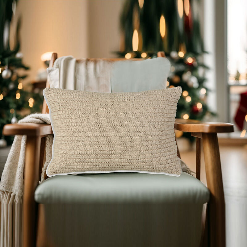 Lumbar Throw Pillow Set of 4, 14 x 22, Polyfill Textured Light Brown Cotton - Benzara