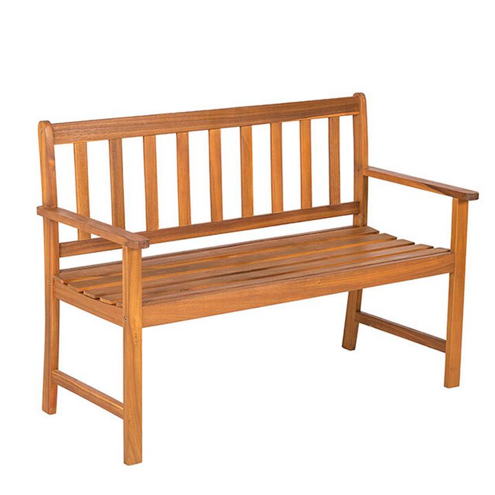48 Inch Outdoor Wood Bench, Slatted, Weather Resistant, Rich Light Brown - Benzara