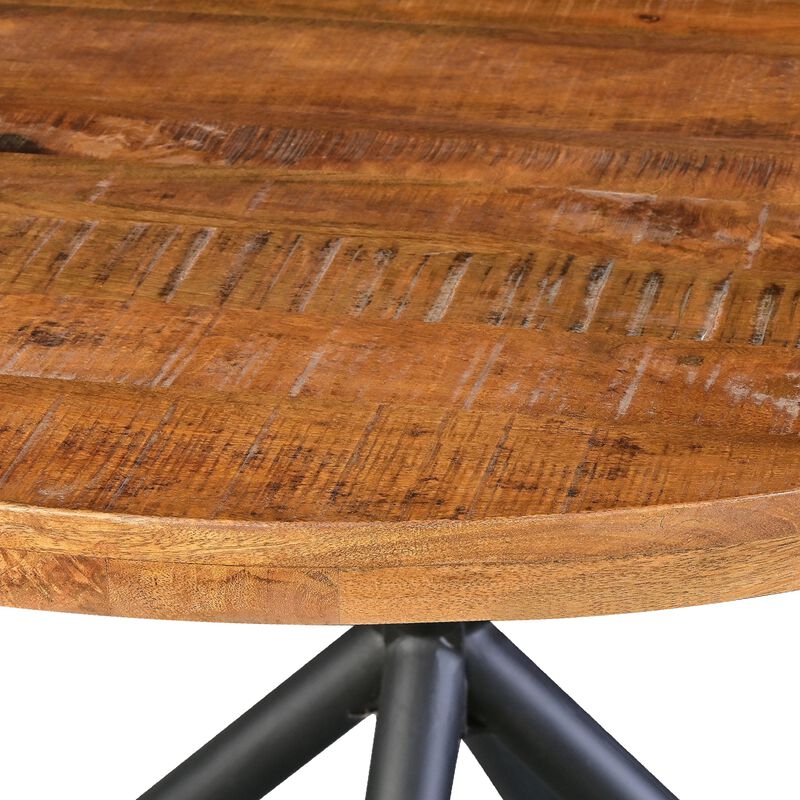 48 Inch Handcrafted Dining Table, Solid Mango Wood Round Top with Iron Crisscrossed Legs, Natural Brown and Black-Benzara