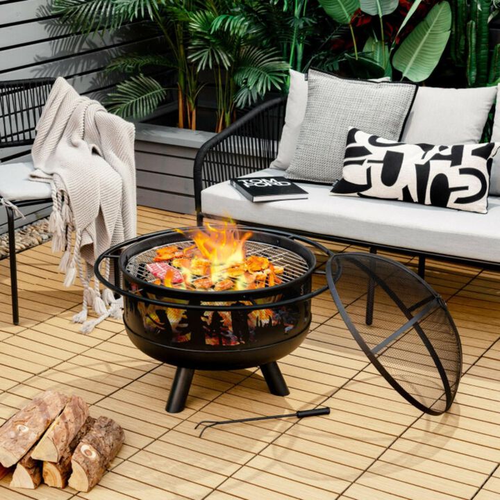 Hivvago 30 Inch Outdoor Wood Burning Fire Pit with Fire Poker and Cooking Grill-Black