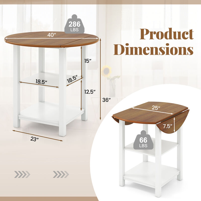 Folding Round Dining Table with Drop Leaf and 2 Shelves for Space-Saving Dining in Small Areas