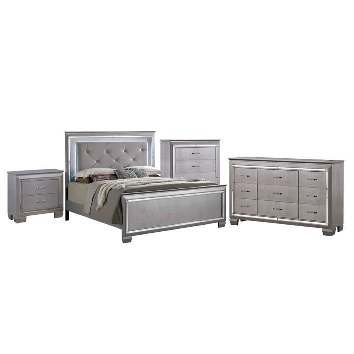Queen Bedroom Set, Silver and Gray, 4 Piece Set with Chest, Dresser, and Nightstand