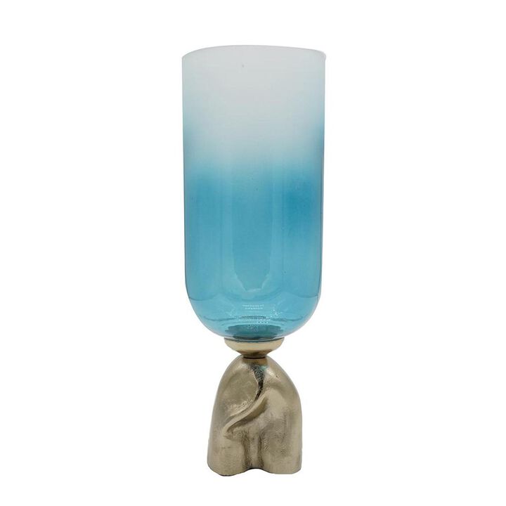 HomeRoots 18" Blue White And Gold Ombre Glass And Aluminum Pedestal Table Vase