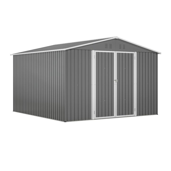 10 x 10 FT Galvanized Steel Storage Shed, Lockable Tool Shed for Backyard Patio Lawn, Grey