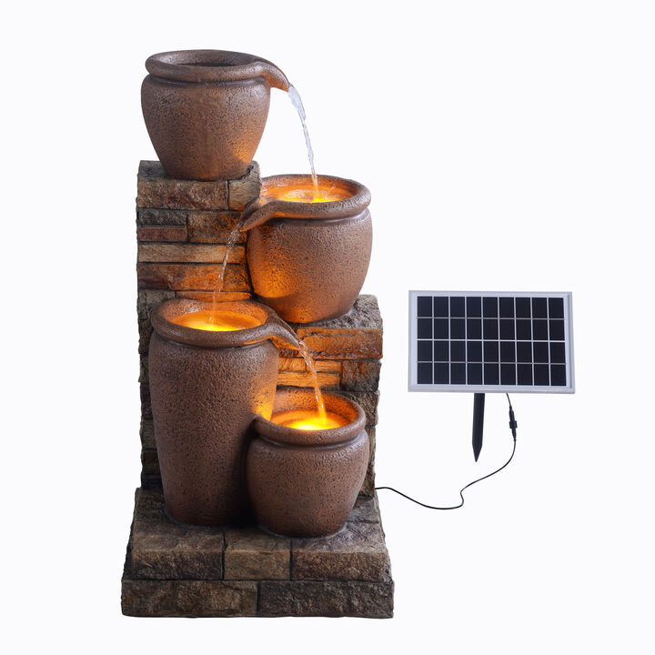 4-Tier Outdoor Solar Water Fountain with LED Lights, Brown