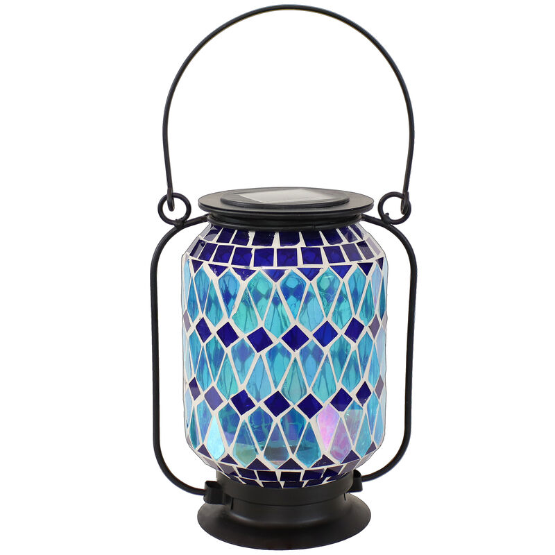 Sunnydaze Cool Blue Mosaic Glass Outdoor Solar LED Lantern - 8 in