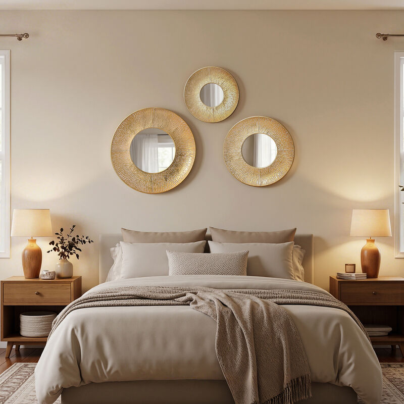 Hammered Round Wall Mirror 3PC Set, Gold image number 3