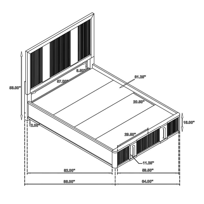 Reon Queen Platform Bed w 2 Storage Drawers, Reeded Ash Brown Black - Benzara