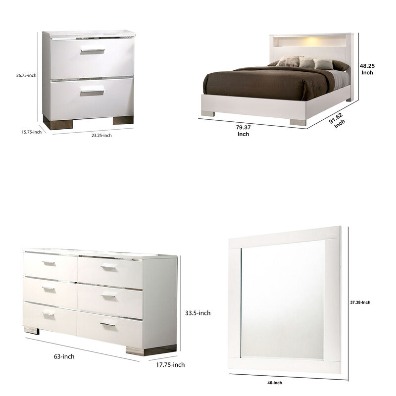 Cari Four Pc King Bedroom Set, LED Headboard with Shelf, White Wood, Chrome Stripes - Benzara