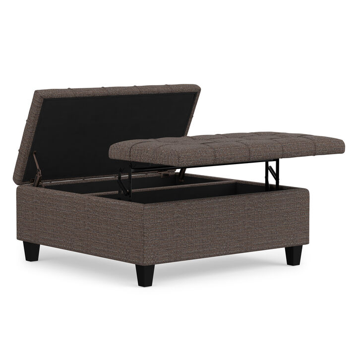 Harrison 36 inch Wide Transitional Square Coffee Table Storage Ottoman in Mink Brown Tweed Look Fabric