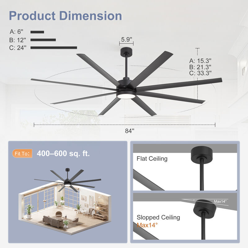 Breezary Large 84-inch Industrial LED Ceiling Fan with Light and Remote(8-Blade) image number 7