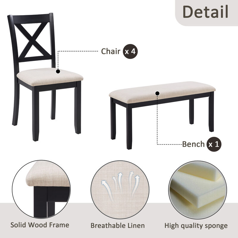 Merax 6-Piece Dining Table Set with Bench, Classic Wooden Dining Table Set for 6