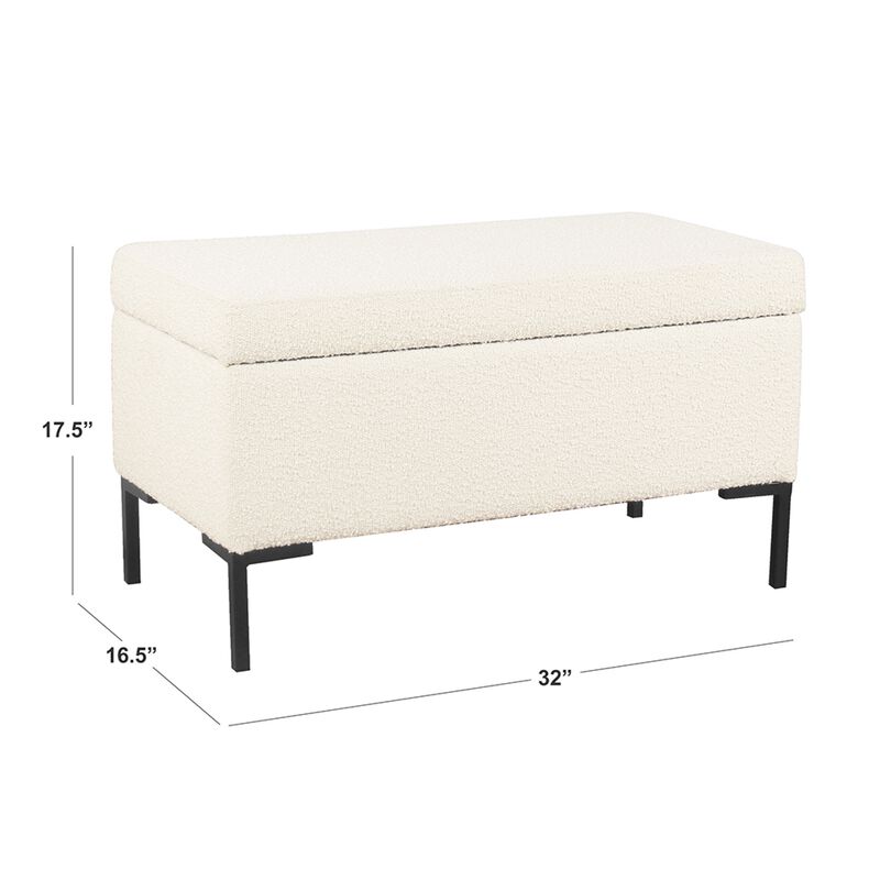 Ray Storage Bench Ottoman, Cream White Boucle, Metal Legs, 32 Inch
