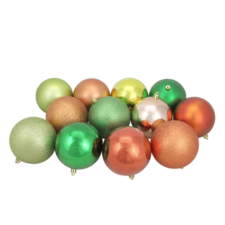 12ct Orange and Green Shatterproof 3-Finish Christmas Ball Ornaments 4" (100mm)