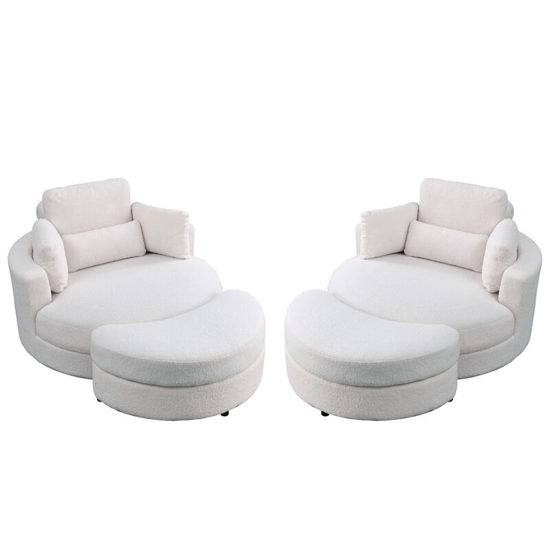 Swivel Accent Barrel Modern Sofa Lounge Club Big Round Chair with Storage Ottoman TEDDY Fabric for Living Room Hotel with Pillows. x2PCS, Teddy White (Ivory)
