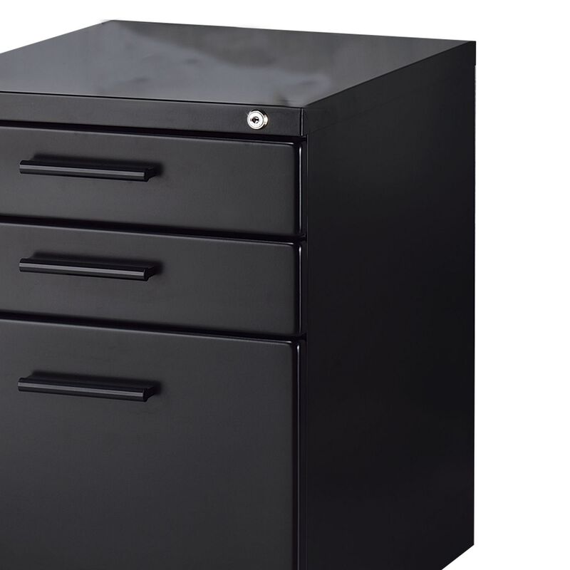 Contemporary Style File Cabinet with Lock System and Caster Support, Black-Benzara