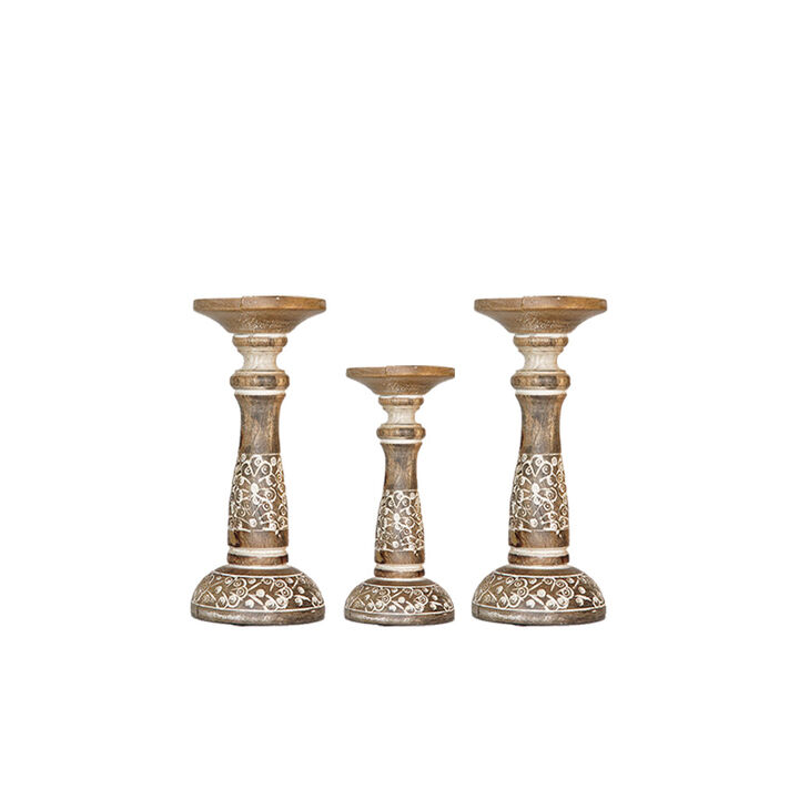 Traditional White Wash Eco-friendly Handmade Mango Wood Set Of Three 12",9" & 12" Pillar Candle Holder