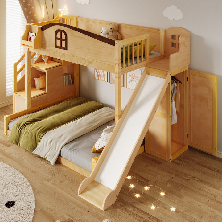 Merax Twin over Full Bunk Bed with Storage Staircase, Shelf, Slide & Wardrobe