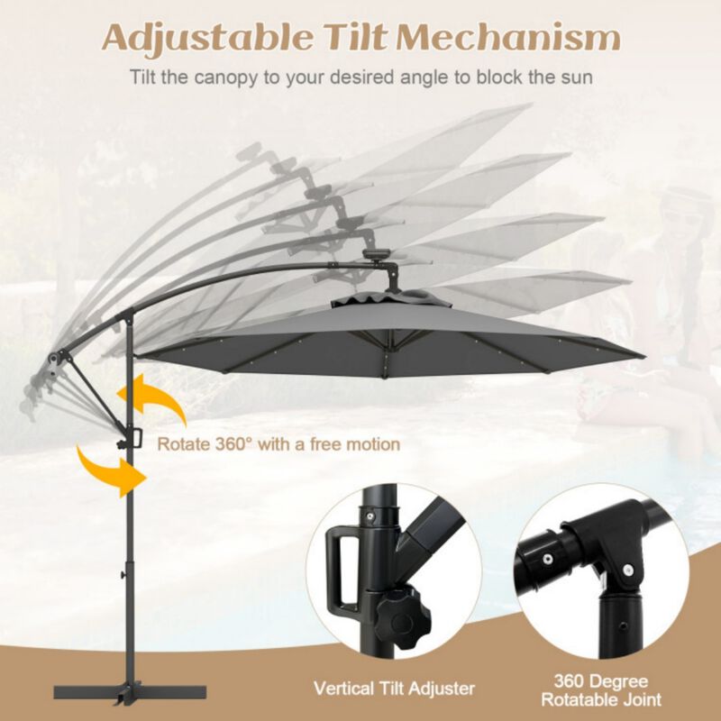 10 Feet 360&deg; Rotation Solar Powered LED Patio Offset Umbrella without Weight Base-Gray image number 5