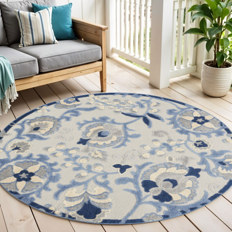 HomeRoots 4' Blue And Gray Round Floral Indoor Outdoor Area Rug image number 1