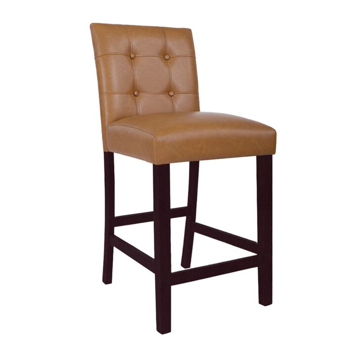 Popa Counter Stool Chair Set of 2, Brown Faux Leather, Tufted Back