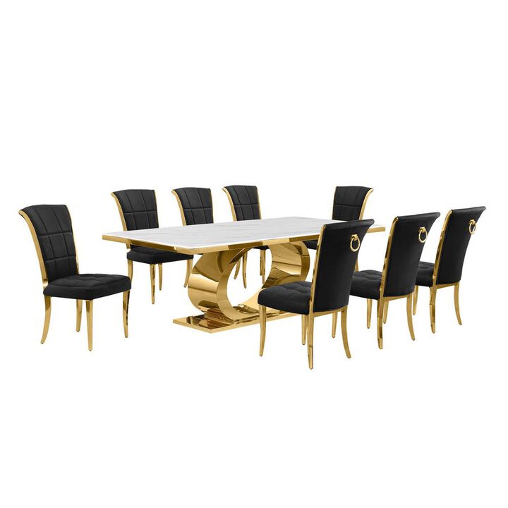 Best Quality Furniture 9pc Large(87) marble top dining set with gold base and 8 Black side chairs