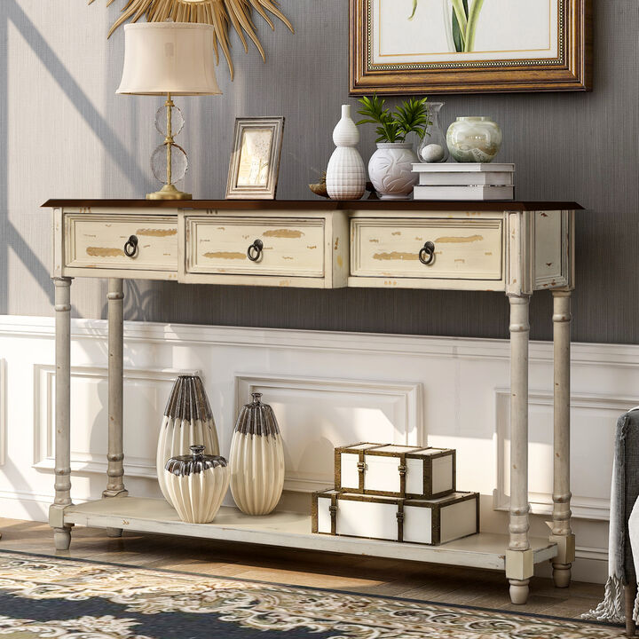 Console Table Sofa Table with Drawers for Entryway with Projecting Drawers and Long Shelf (Beige)