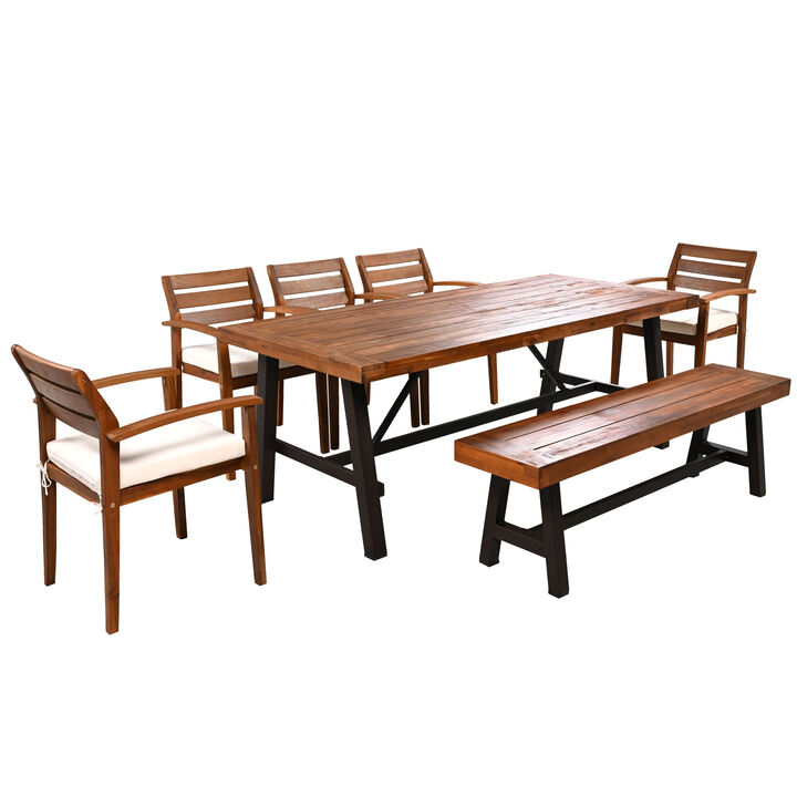 Whisen 7 Pieces Outdoor Dining Set, Ergonomic Chairs & Bench, Thicker Table with Removable Cushions