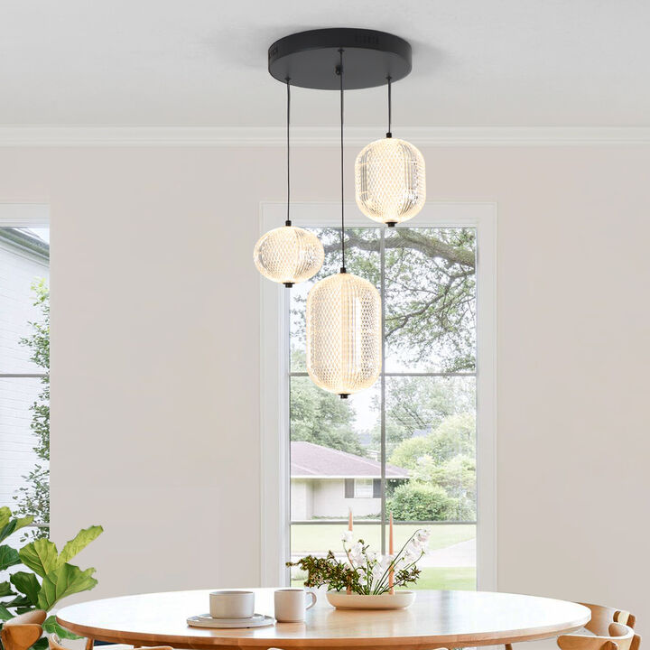 3 Lights Modern LED Chandelier Black with Acrylic Shade Dimmable