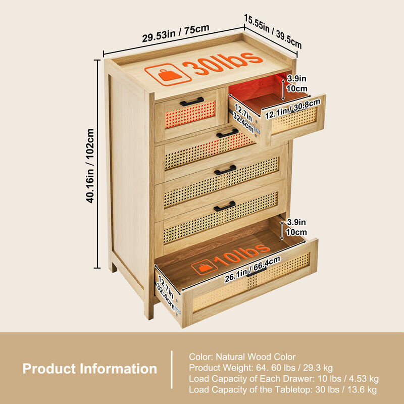5 Drawer Rattan Dresser Wooden Chest for Bedroom Living Room and Hallway Storage image number 5
