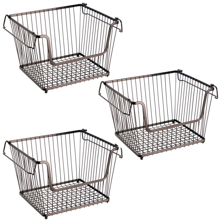 mDesign Large Metal Stackable Kitchen Basket w/ Handles - 3 Pack - Bronze