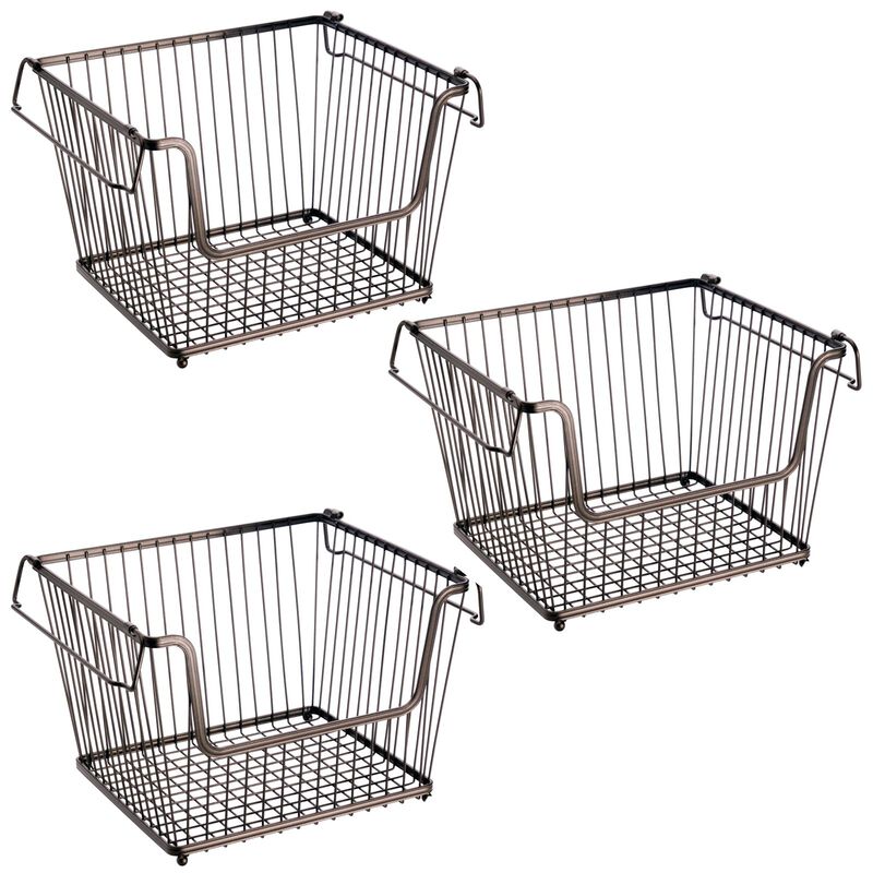mDesign Large Metal Stackable Kitchen Basket w/ Handles - 3 Pack - Bronze image number 1