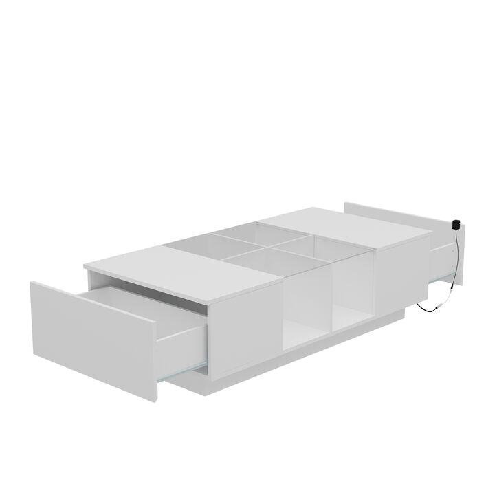 47.4 in. W White Rectangle Particle Board Wooden Coffee Table with 2 Drawers, Glass Table Top & 4 Open Shelves