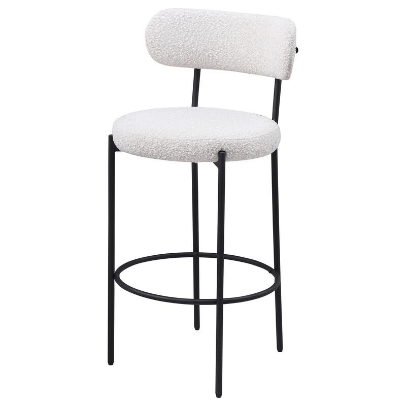 Winona Bar Height Chair Set of 2, White Boucle, Black Metal 30 Inch - Benzara