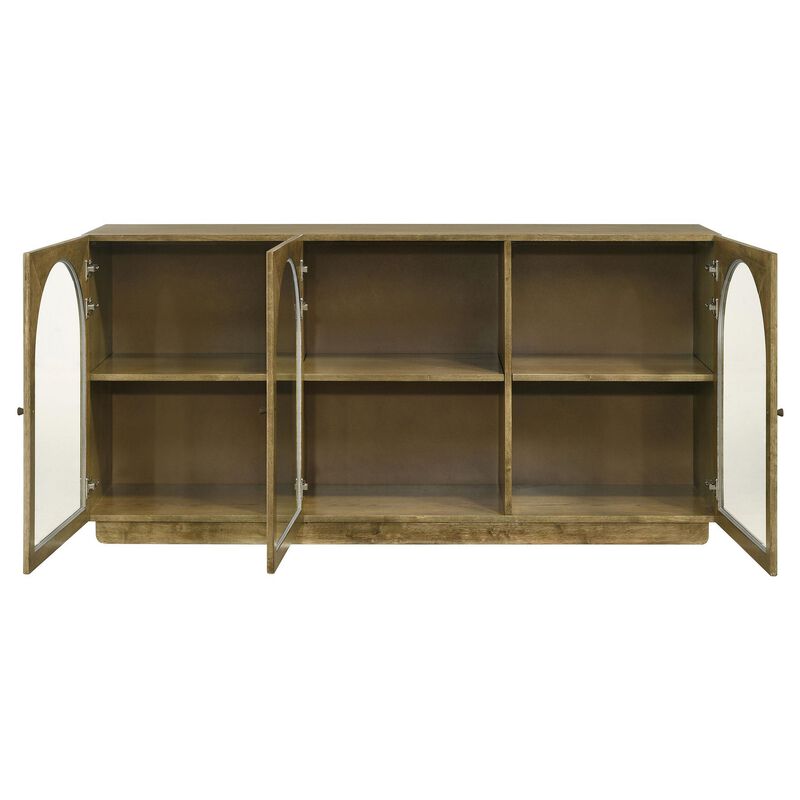 Givy Sideboard Buffet, 3 Arched Glass Doors 71 Inch Natural Brown Wood - Benzara