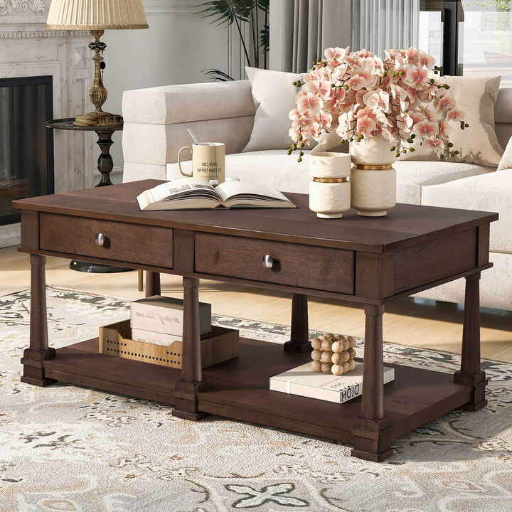 Merax Traditional Wood Coffee Table with 2 Spacious Drawers, Rich Wood Grain Finish