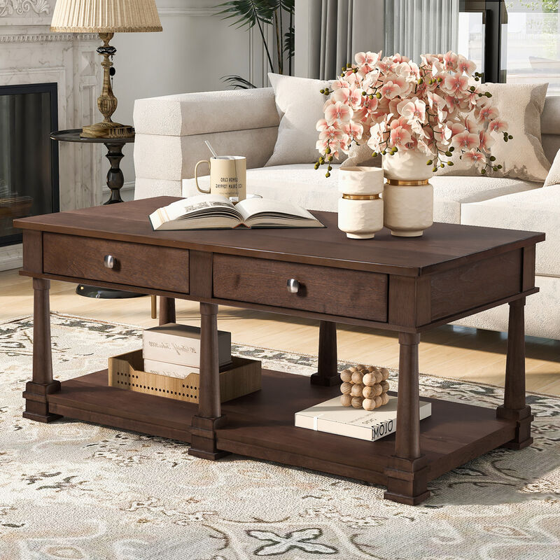 Merax Traditional Wood Coffee Table with 2 Spacious Drawers, Rich Wood Grain Finish image number 1