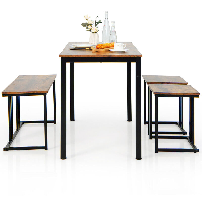 4 Pieces Industrial Dining Table Set with Bench and 2 Stools-Brown