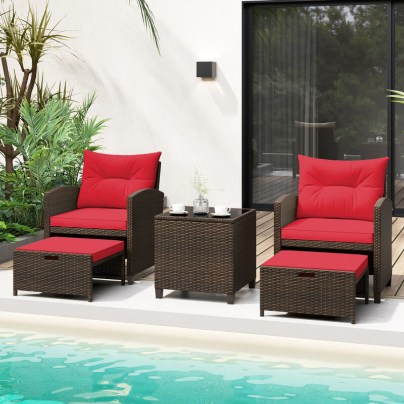 Outdoor 5-Piece Rattan Patio Set with 2 Ottomans and Glass Coffee Table
