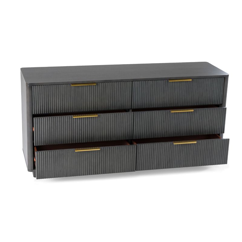 Noe Celia Wide Dresser, 6 Drawers Retro Luxe Gray Rubberwood